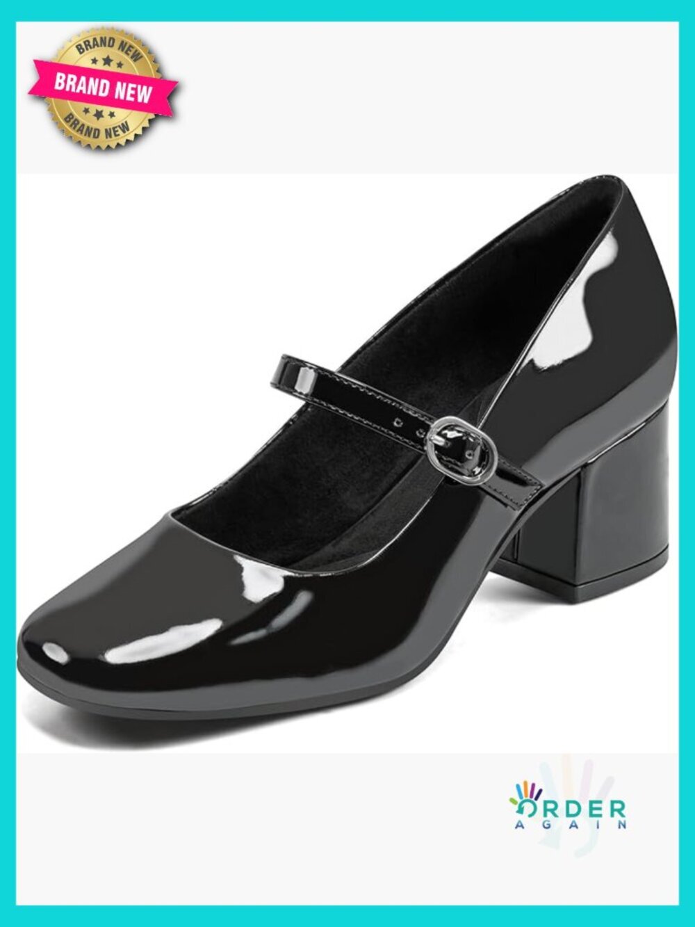 Black Faux Leather Pump Shoes Block Heel Square Toe Business Casual Dress